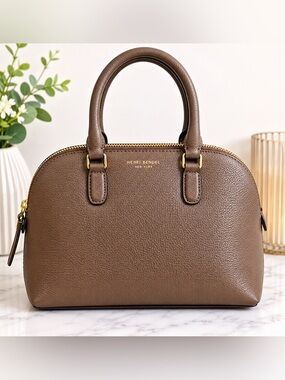 ✨ Henri Bendel Taupe Structured Dome Satchel Gold Hardware EUC